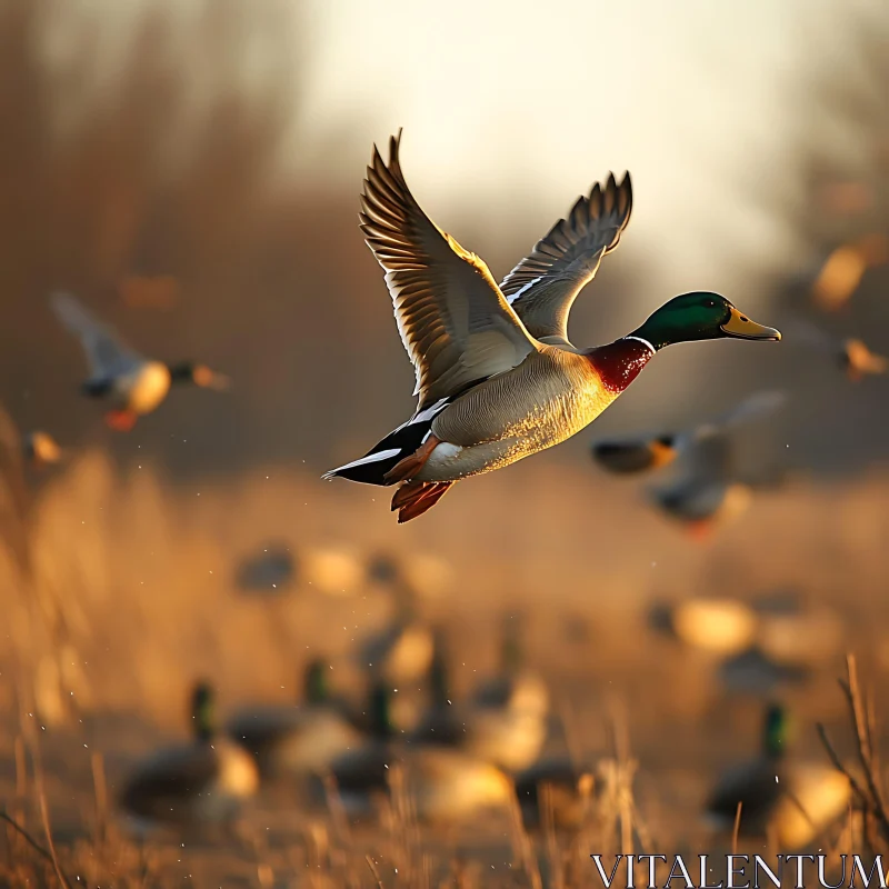 Duck Flying Over Golden Field AI Image