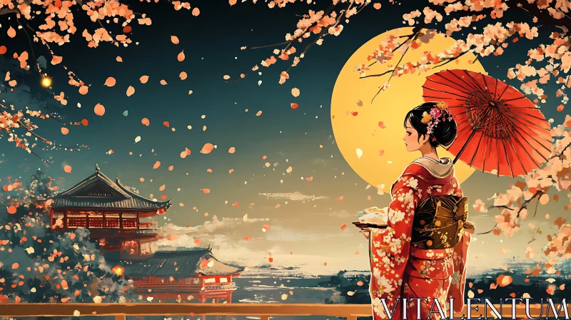 Japanese Woman with Red Umbrella Under Moon AI Image