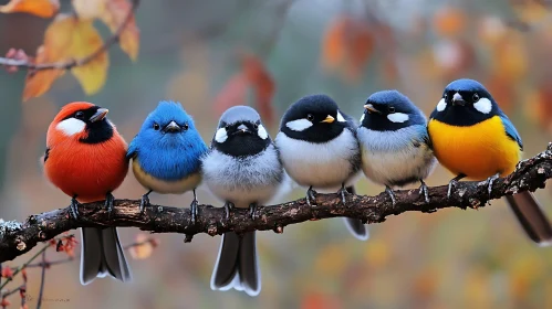 Six Colorful Birds on a Branch