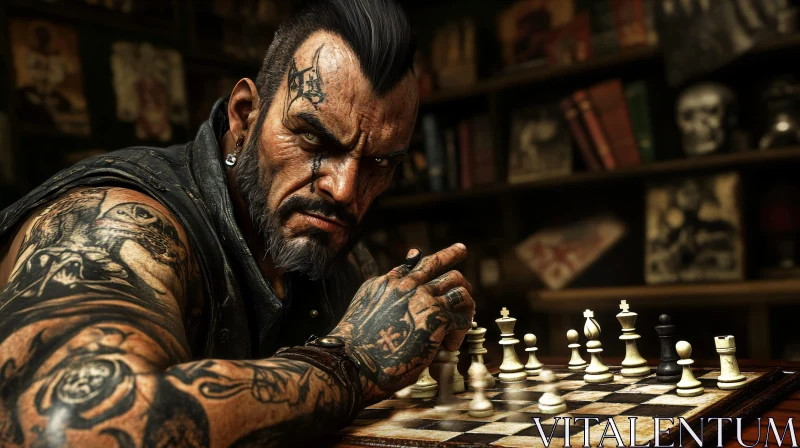 Tattooed Man's Chess Strategy AI Image