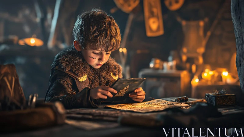 AI ART Boy in Viking Costume Reading