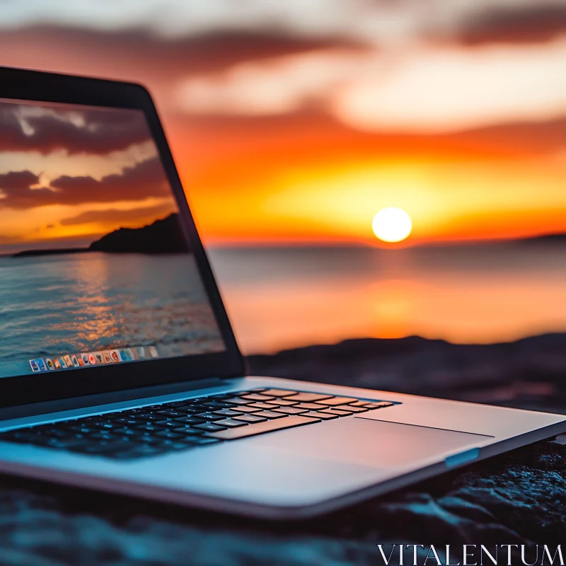 Tranquil Sunset Reflected on a Laptop by the Sea AI Image