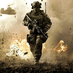 Combat Soldier Amidst Explosions