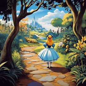 Girl on Stone Path to Fairytale Castle