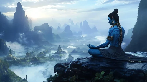 Serene Blue Meditator on Cliff Edge