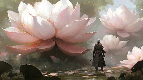 Giant Lotus Flowers and a Man