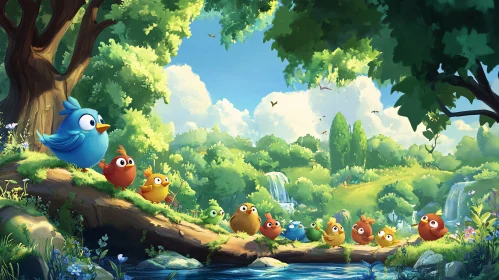 Cartoon Birds in Forest Landscape