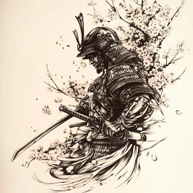 Monochrome Samurai with Cherry Blossoms