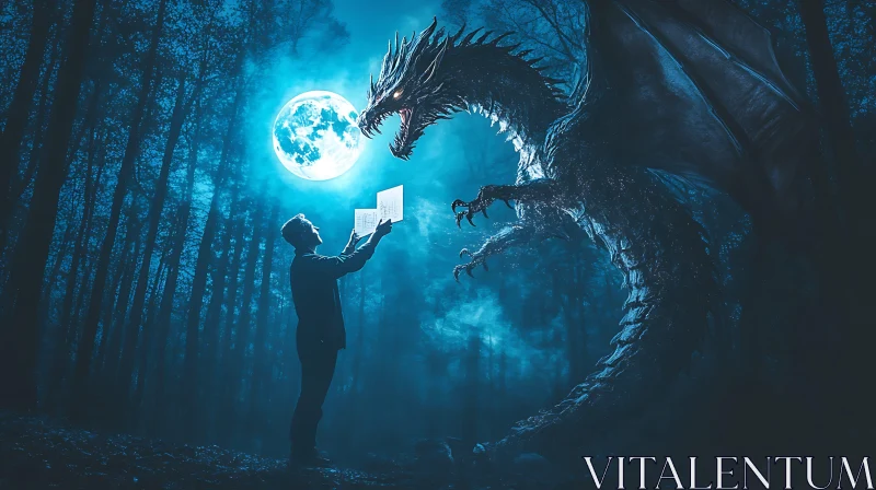 AI ART Man and Dragon under Moonlit Sky