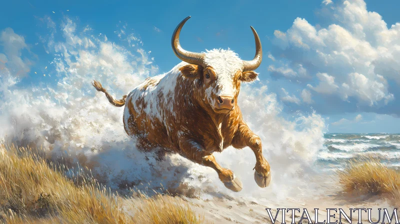 Bull in Motion by the Ocean AI Image