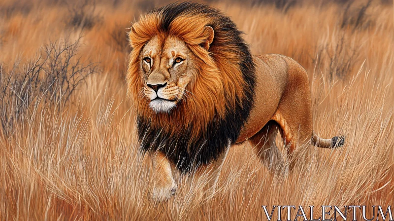 Lion Walking in Wild Savannah AI Image