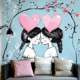 Whimsical Hearts and Girls Illustration