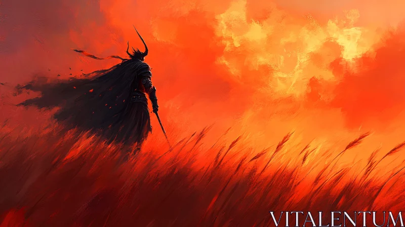 AI ART Dark Warrior in Orange Sunset Field