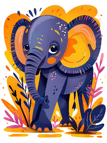 Cheerful Cartoon Elephant in Floral Field for Merchandise POD Design