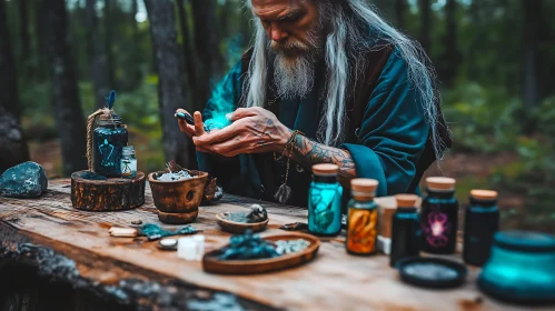 Wizard in Forest with Glowing Potions