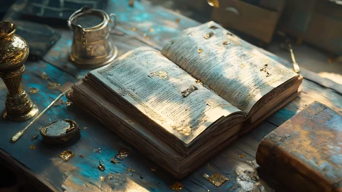 Vintage Book with Golden Artifacts