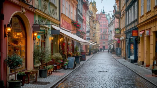 Dreamy City Street with Brick Buildings and Ceramic Street Art