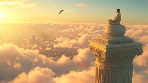 Man Meditating on Column in Sky