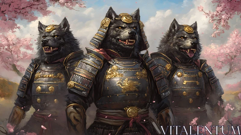 AI ART Armored Wolves Under Pink Petals