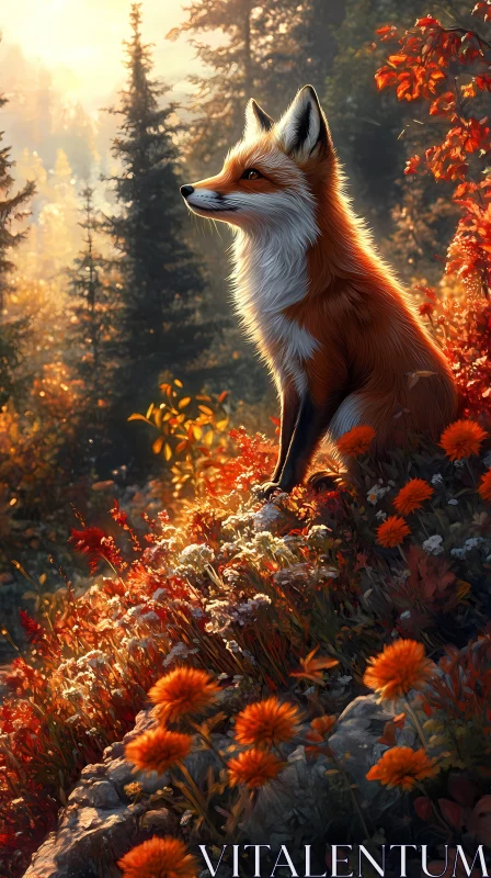 Sunlit Fox Amidst Autumn Foliage AI Image