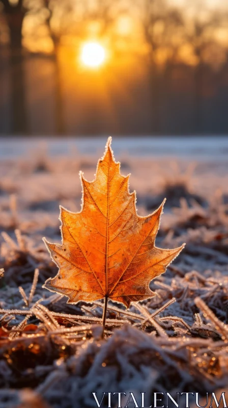 Golden Sunrise Over a Frosty Autumn Leaf AI Image