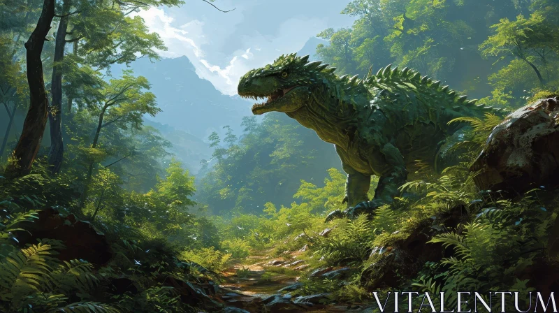 AI ART Green Dinosaur in Lush Jungle - Digital Painting