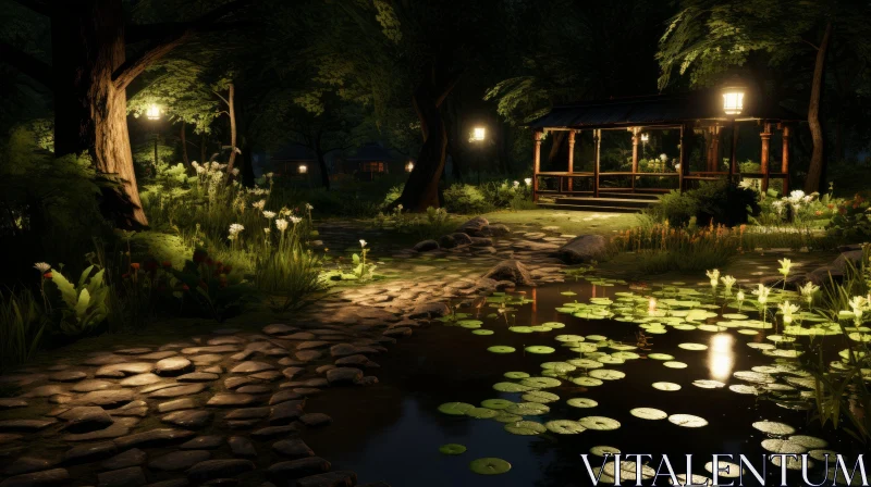 Lush Nightscape Rendered in Unreal Engine - Asian-Inspired Botanical Abundance AI Image