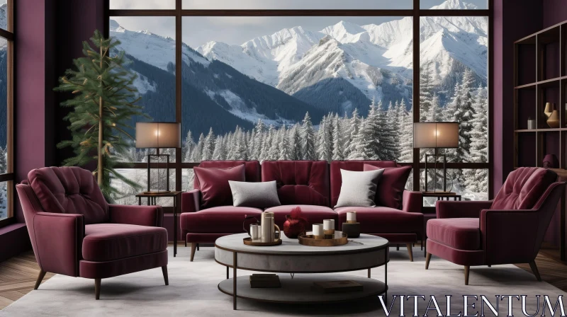 Luxurious Mountain Living Room in Photorealistic Rendering AI Image