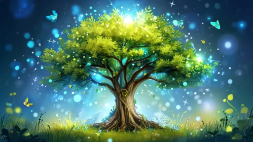 Majestic Tree of Life Digital Painting in a Field of Grass