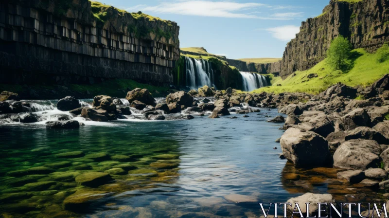 Majestic Waterfall in Mountain Landscape AI Image