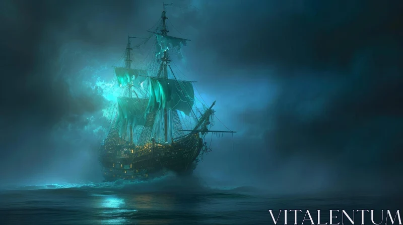 Mysterious Ghost Ship Sailing Through Stormy Waves AI Image