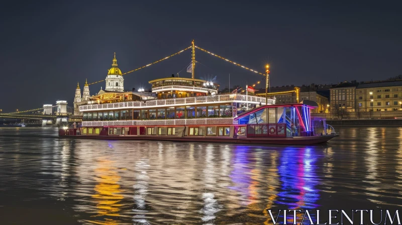 Nighttime Ferry Boat on the River: Elaborate Gilding and Colorful Compositions AI Image