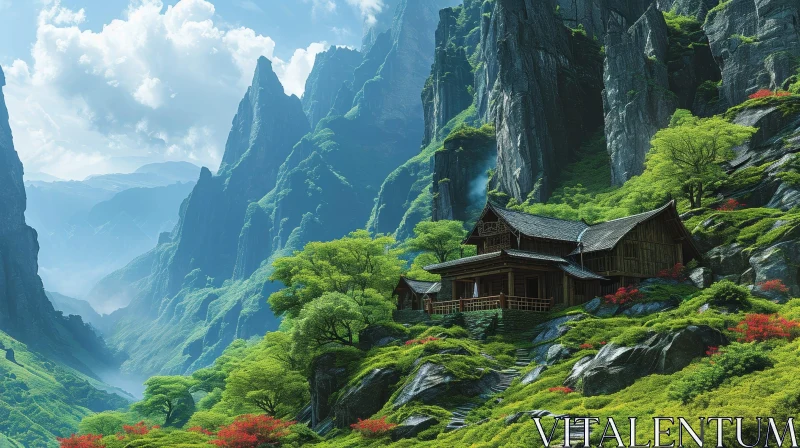Serene Landscape of a Traditional Chinese-Style House in the Mountains AI Image