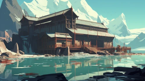 Serene Snow-Covered House Near Water - Oriental-Inspired Painting