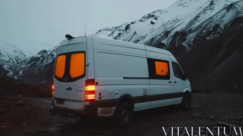 Van Parked in the Mountains: Dark White and Amber | Nature Wonders AI Image