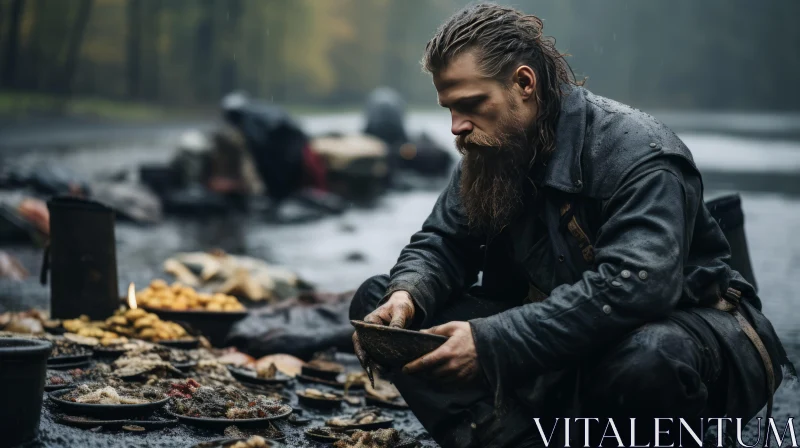 Viking Man Eating Fish - Moody and Atmospheric Artwork AI Image