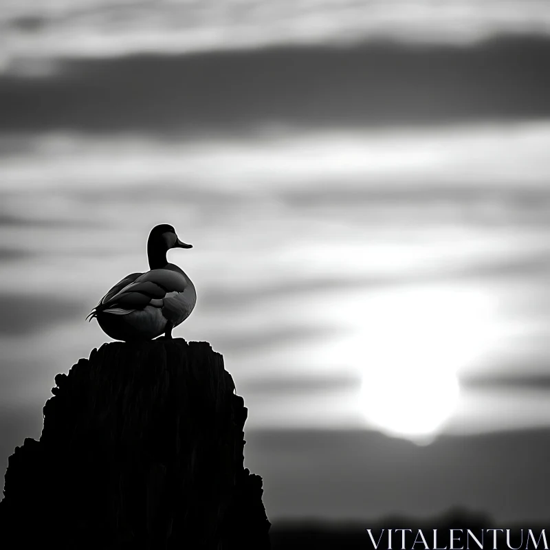 Monochrome Duck at Sunset AI Image