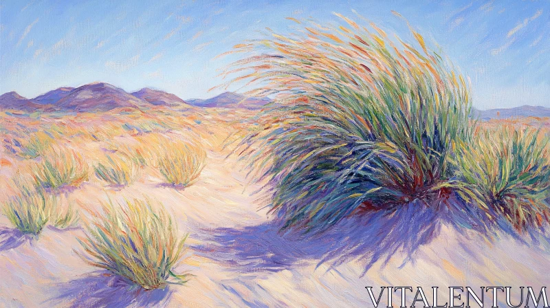 AI ART Desert Landscape Painting with Mountains and Grass