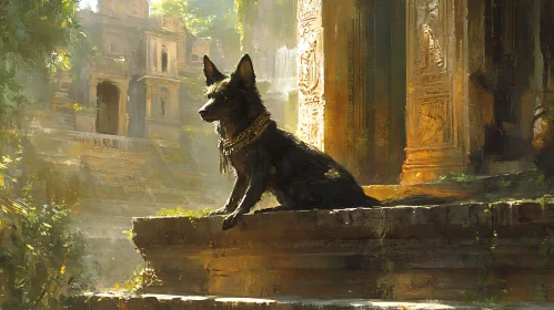 Dog with Golden Collar in Ancient Ruins