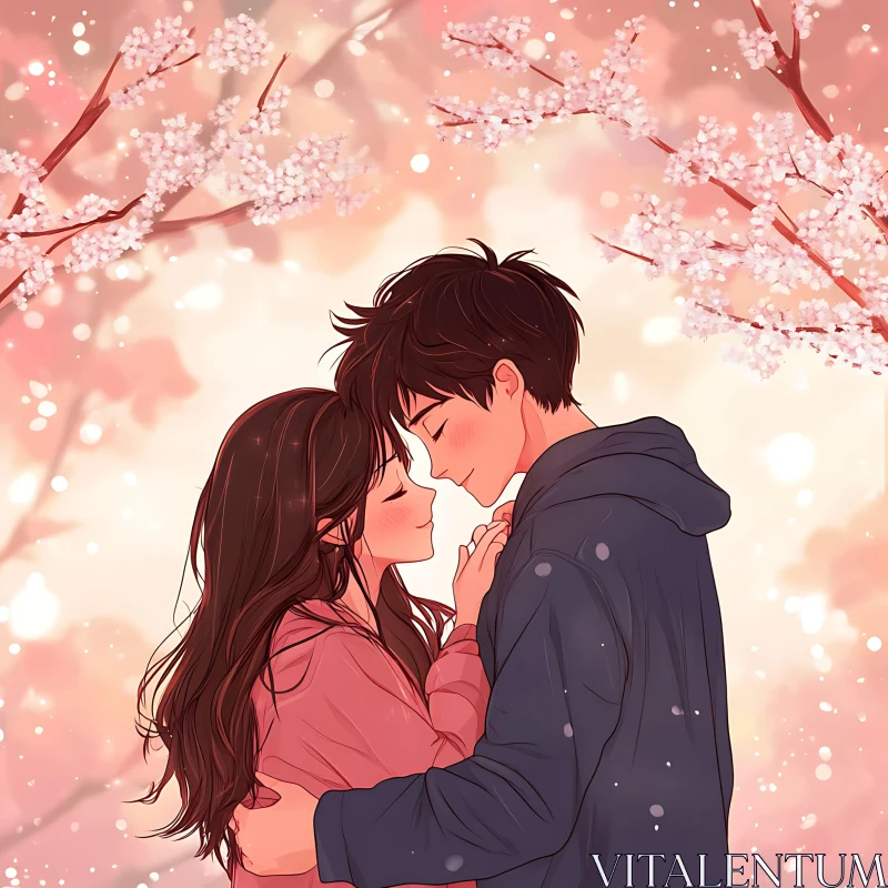 Anime Couple Embrace with Floral Background AI Image