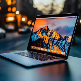 Outdoor Laptop with Mountain Sunset