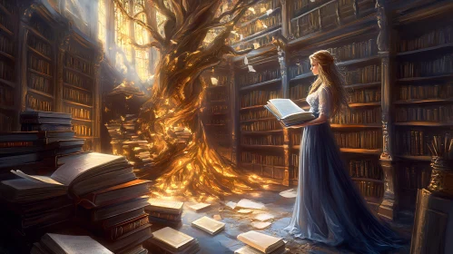 Enchanting Library with Glowing Tree