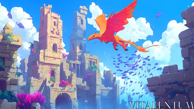 AI ART Fantasy Dragon Soaring Over Old City