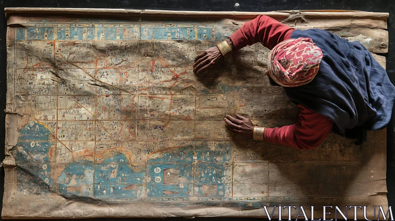 AI ART Person Examining Old Hieroglyphic Map