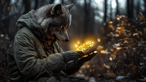 Wolf-Humanoid Holding Luminescent Plant in Woods