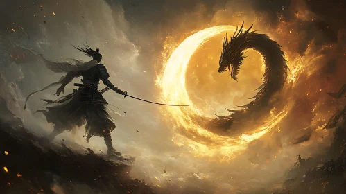 Warrior Facing Dragon in Fantasy World