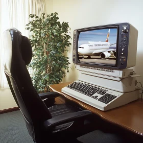 Retro Office Computer Displaying Airplane