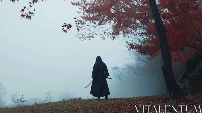 Samurai in Foggy Autumn Landscape AI Image