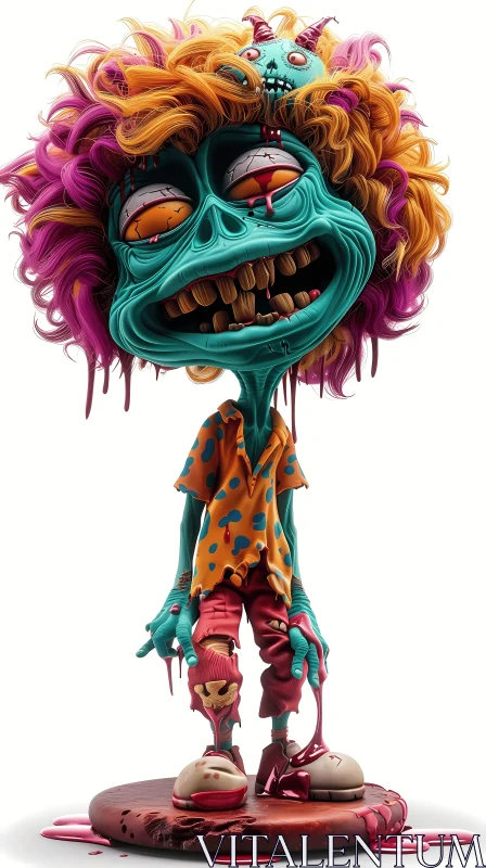 AI ART 3D Rendered Cartoon Zombie with Green Skin and Pink Hair