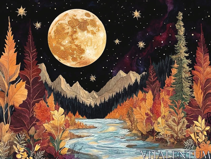 Moonlit River in an Autumn Fantasy AI Image